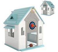 AIYAPLAY 5-in-1 Playhouse for Kids Outdoor Indoor with Basketball Hoop, Football Goal, Dartboard, Ring Toss for 2-5 Years, Beige
