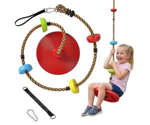 AIYAPLAY 6.2ft Climbing Rope, Kids Tree Swing Kit with Platforms and Disc Swings Seat, Obstacle Course Kids with Strap and Carabiner for Garden Playground, Red
