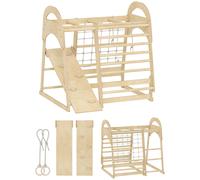 AIYAPLAY 6 in 1 Kids Climbing Frame with Slide, Monkey Bars, Gymnastics Rings, Ladder, Climbing Net, for 3-6 Years, Natural Tone