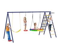 AIYAPLAY 6 in 1 Kids Swing Set with Metal Frame, Basketball Hoop, Ages 3-8 | Climbing Ladder and Net, Heavy Duty Children Swing Play Set, Backyard Garden, Outdoor Playground
