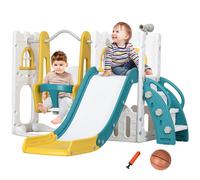 AIYAPLAY 6-in-1 Toddler Climber and Set w/ Basketball Hoop, Telescope Yellow