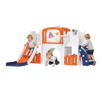 331-088V00OG AIYAPLAY 7 in 1 Toddler Slide Set with Basketball Hoop, Outdoor & Indoor Frog Theme Playset with Climbing Frame, Telescope, Drawing Board, Storage Box for Toddlers Ages 1-3, Orange