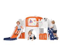 AIYAPLAY 7 in 1 Toddler Slide Set with Basketball Hoop, Outdoor & Indoor Frog Theme Playset with Climbing Frame, Telescope, Drawing Board, Storage Box for Toddlers Ages 1-3, Orange