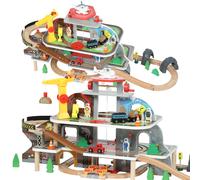 AIYAPLAY 79 Piece Wooden Train Set, Kids Train Track Mine Themed with Crane, Helicopter