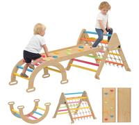 AIYAPLAY 8-in-1 Climbing Frame for Toddlers, Wooden Indoor Triangle Climbing Toys with Double-Sided Slide, Arch and Triangle Ladder for Kids Ages 1.5-4 Years, Multicoloured