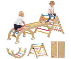 AIYAPLAY 8-in-1 Climbing Frame for Toddlers, Wooden Indoor Triangle Climbing Toys with Double-Sided Slide, Arch and Triangle Ladder for Kids Ages 1.5-4 Years, Multicoloured