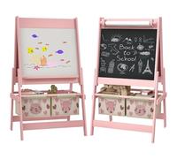 AIYAPLAY Art Easel for Kids with Paper Roll, 3 in 1 Double-Sided Kids Easel for Children, Drawing Board with Blackboard and Whiteboard, Storage Baskets, Pink