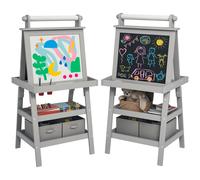 AIYAPLAY Kids Three-in-One Art Easel Chalkboard and Whiteboard with Paper and Baskets - Grey, Grey
