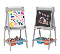 AIYAPLAY Art Easel for Kids with Paper Roll, Double Sided Painting Easel with Chalk Board, White Board, Eraser, Storage Boxes