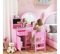 AIYAPLAY Girls Dressing Table with 2-Colour LED Mirror and Stool - 88.6L x 38.8W x 96.9H cm - Pink