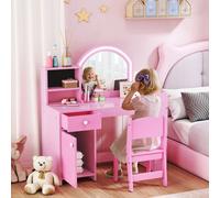 AIYAPLAY Girls Dressing Table with 2-Colour LED Mirror and Stool, Pink