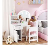 AIYAPLAY Girls Dressing Table with 2-Colour LED Mirror and Stool, White - 88.6L x 38.8W x 96.9H cm - White