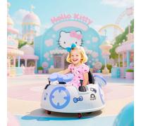 AIYAPLAY Hello Kitty Licensed Kids Bumper Car with Remote Control, 360° Rotation Spin Electric Ride On Waltzer Car with Dual Joysticks, Music, Lights, Safety Belt, for 1.5-5 Years Old, White