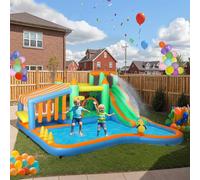 AIYAPLAY Bouncy Castle, Inflatable Bounce House Trampoline with 680W Blower, Water Slide, Splash Pool, Basketball Hoop, Ball Pits, Climbing Wall, Water Gun, Ring Toss, for Kids Outdoor Indoor