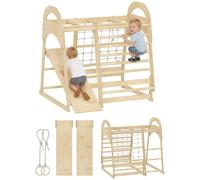 AIYAPLAY Kids Climbing Frame 6 in 1 Wooden Jungle Gym with Slide Ages 3-6 | Monkey Bars, Gymnastics Rings, Ladder, Climbing Net, Indoor Climber Playset