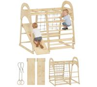 AIYAPLAY Kids Climbing Frame, 6 in 1 Wooden Jungle Gym with Slide, Monkey Bars, Gymnastics Rings, Ladder, Climbing Net, Indoor Climber Playset for 3-6 Years Old