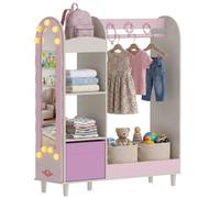 AIYAPLAY Kids Clothing Rack, Kids Wardrobe with Glowing Bulb Lights Mirror, Non-Woven Drawer and Shelves for Bedroom, Coat Rack for Ages 3-8, Pink