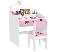 AIYAPLAY Kids Desk and Chair Set, Children Study Table and Chair with Storage, Pull-Out Drawer, Bow Pattern, for Bedroom, Playroom, Nursery, for Ages 3-6 Years, Pink White