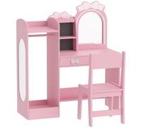 AIYAPLAY Kids Dressing Table, 3-in-1 Girls Vanity Set with Stool, 2-Colour Lights Mirror, Clothes Rack for Ages 3-8, Pink