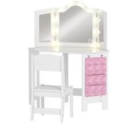 AIYAPLAY Kids Dressing Table and Stool Set, Girls Vanity Table with 2-Colour LED Lights, Tri-Folding Mirror, White