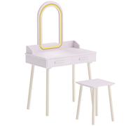 AIYAPLAY Kids Dressing Table, Girls Vanity Set with Stool, 3-Colour LED Lights Mirror, Large Drawer for Ages 3-8, Pink