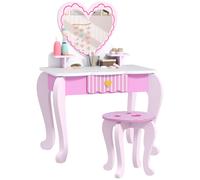 AIYAPLAY Kids Dressing Table Set, 2-Piece Children Vanity Table with Stool, Mirror, Drawer, Desktop, Storage, Heart-Themed Makeup Desk and Chair, Pink Pink
