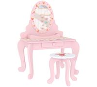 AIYAPLAY Kids Dressing Table Set, Two-Piece Children Vanity Table with Stool, Mirror, Drawer, Desktop Storage, Strawberry-Theme Makeup Desk, Chair, Pink Pink