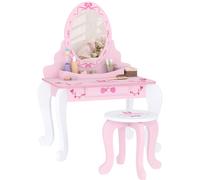 AIYAPLAY Kids Dressing Table Set, Two-Piece Kids Vanity Table with Stool, Mirror, Drawer, Desktop Storage, Ballet Theme, Girls Makeup Desk, Chair, Pink Pink