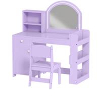 AIYAPLAY Kids Vanity Table and Chair Set, Girls Dressing Table with 2-Colour LED Mirror, Stool, Cabinet, Drawer, Shelves, Purple