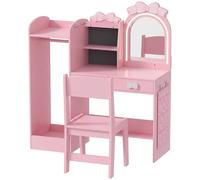 AIYAPLAY Kids Dressing Table, 3-in-1 Girls Vanity Set with Stool, 2-Colour Lights Mirror, Clothes Rack for Ages 3-8, Pink