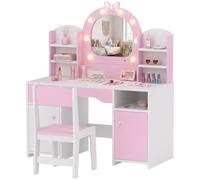 AIYAPLAY Kids Vanity Set, Girls Dressing Table with Stool, 2-Colour Lights Mirror, Cabinet, Drawer and Shelves, Pink