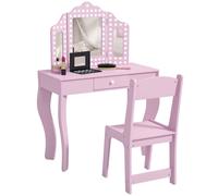 AIYAPLAY Kids Dressing Table with Tri-Fold Mirror and Stool, Kids Vanity Table, Girls Make up Desk with Drawer, for Aged 3-8 Years Old - Pink Pink