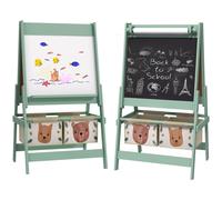 AIYAPLAY Kids Easel with Paper Roll, 3 in 1 Art Easel for Children, with Blackboard, Whiteboard, Storage Baskets, Green Pink