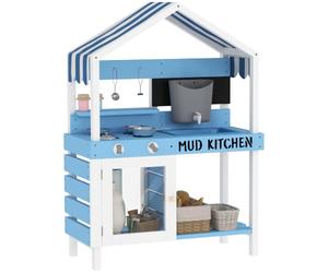 AIYAPLAY Kids Mud Kitchen, Outdoor Play Kitchen with Stoves, Sink, Faucet, Storage Shelves, Cookware Accessories, Pretend Wooden Kitchen Playset for Boys Girls, Blue