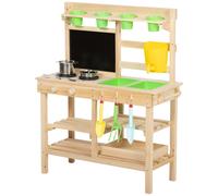 AIYAPLAY Kids Mud Kitchen, Outdoor Wooden Play Kitchen with Kitchenware & Garden Tools, Pretend Play Outdoor Toys, Natural