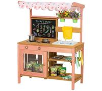 AIYAPLAY Kids Mud Kitchen with Canopy, Outdoor Wooden Play Kitchen with Planter Box, Chalkboard, Sink, Kitchenware & Garden Tools, Pretend Play Outdoor Toys Gifts for Girls Boys Age 3-6, Pink