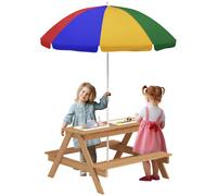 AIYAPLAY Kids Picnic Table, Sand and Water Table with Wooden Benches, Adjustable Parasol and Storage Bins, Outdoor Garden Furniture for Children 3-6 Years, Multicolour Multicolour