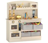 AIYAPLAY Kids Play Kitchen with Lights & Sounds, 4 Fabric Drawers, Cream | Pretend Play Toy Kitchen Playset with 12-Piece Accessories, Stove, Sink, Microwave, Gift for Boys and Girls 3-6 Years