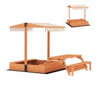 AIYAPLAY Kids Sand Pit with Lid, Wooden Sandpit with Canopy, Foldable Picnic Table, Bench Seats, Bottom Liner for Patio Garden