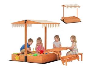 AIYAPLAY Kids Sand Pit with Lid, Wooden Sandpit with Canopy, Foldable Picnic Table, Bench Seats, Bottom Liner, Outdoor Sandbox with Cover for 6 Children, Patio Garden Gift for Ages 3-8, Brown