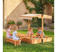 AIYAPLAY Kids Sand Pit with Lid, Wooden Sandpit with Canopy, Foldable Picnic Table, Bench Seats, Bottom Liner, Outdoor Sandbox with Cover for 6 Children, Patio Garden Gift for Ages 3-8, Brown