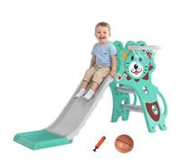 AIYAPLAY Kids Slide, 3 in 1 Freestanding Toddler Slide with Climber, Basketball Hoop, Basketball, Lion-Themed for Ages 18-36 Months - Blue