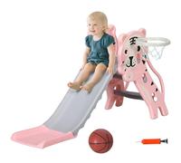 AIYAPLAY Kids Slide, 3 in 1 Freestanding Toddler Slide with Basketball Hoop, Climber, Basketball, Indoor Outdoor Tiger-Themed Playset for Ages 18-36 Months, Pink