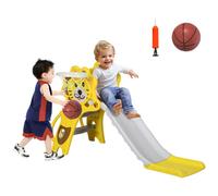 AIYAPLAY Kids Slide 3 in 1 Freestanding Toddler Slide with Climber, Basketball Hoop, Basketball, Lion-Themed for Ages 18-36 Months - Yellow Yellow