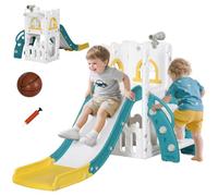 AIYAPLAY Kids Slide 5 in 1 Toddler Slide Basketball Hoop 1-3 Years Yellow | Climber, Telescope, Storage Basket, Indoor Playset