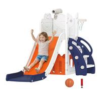 AIYAPLAY 5-in-1 Orange Indoor Toddler Slide Set with Basketball Hoop