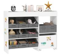 AIYAPLAY Kids Toy Storage Unit, Children Toy Box Organiser with 11 Fabric Bins, Cabinet, Top Shelves, 3 Stickers, Kids Storage Unit Bookshelf for Nursery, Playroom, Kindergarten, White White