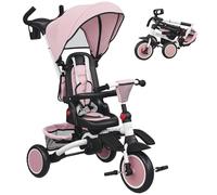 AIYAPLAY Kids Trike, 6 in 1 Toddler Tricycle with Adjustable Parent Handle & Canopy, Convertible Seat, for Ages 1-5 Years, Foldable Baby Trike with Safety Harness, Storage Basket & Bag, Pink