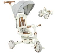 AIYAPLAY Kids Trike, Foldable Toddler Tricycle 5 in 1 with Adjustable Parent Handle & Removable Canopy, 5-point Safety Harness, Footrest, Storage Bag, for Ages 1-3 Years, Cream White