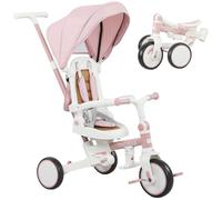AIYAPLAY Kids Trike, Foldable Toddler Tricycle 5 in 1 with Adjustable Parent Handle & Removable Canopy, 5-point Safety Harness, Footrest, Storage Bag, for Ages 1-3 Years, Pink
